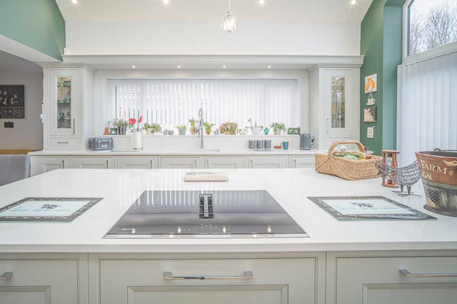 Excel Home Design, White Sunroom, Kitchen Island,